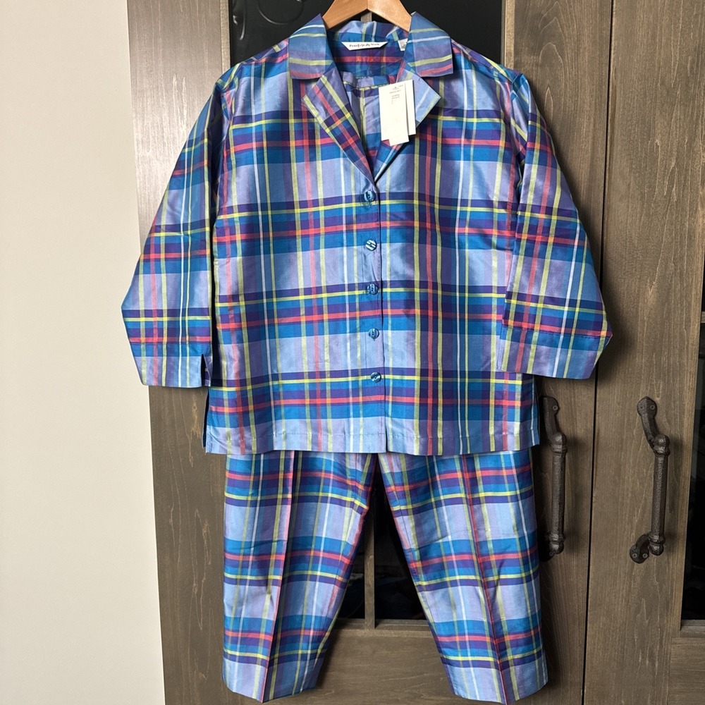 Vintage 90s Preston & York Silk 2pc Pajama Set Top Pants Plaid Womens M/ L Blue